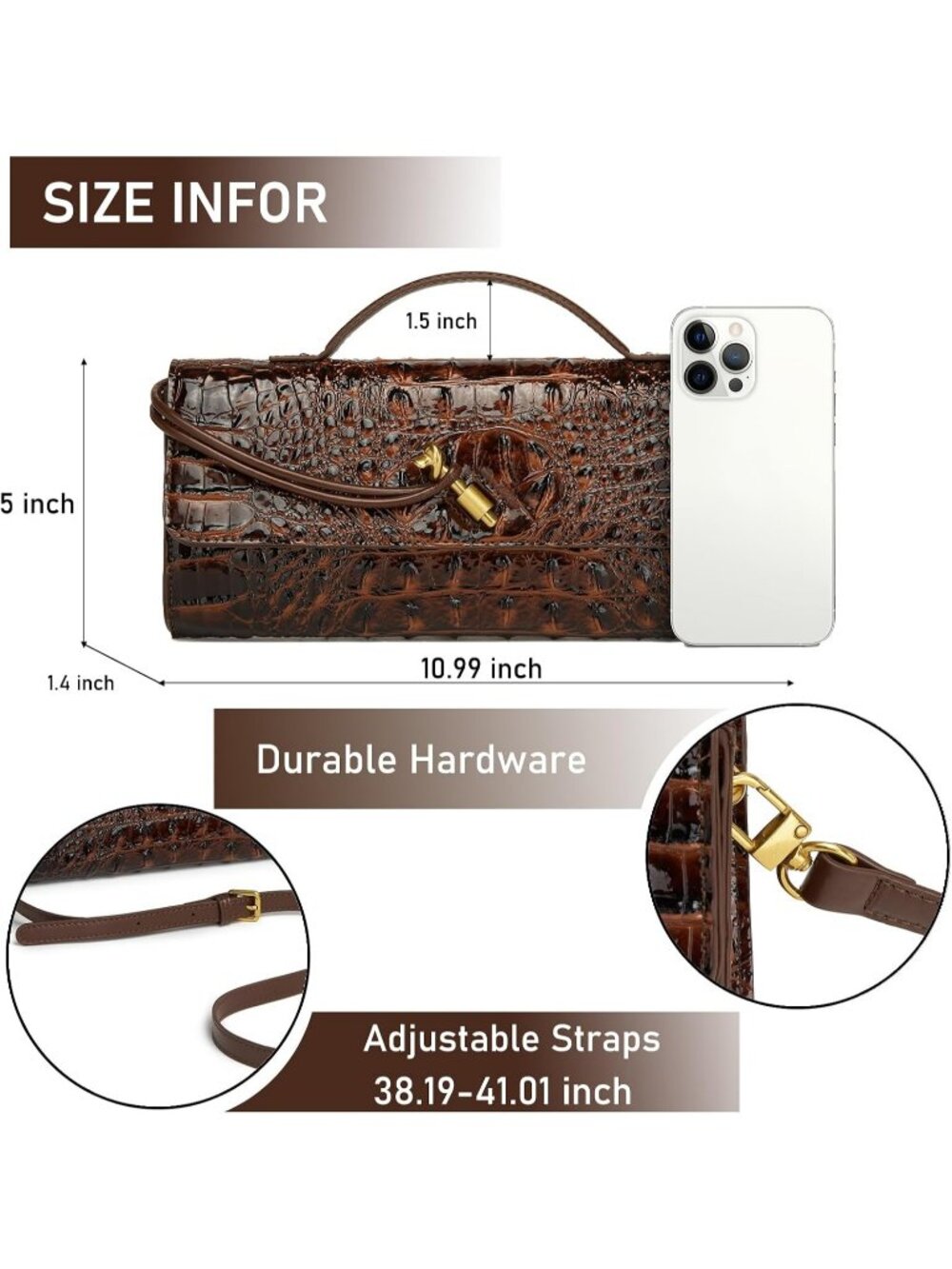 Women's Oil Brown Vegan Leather Clutch Purse Crocodile Evening Crossbody Bag - Picture 4 of 6